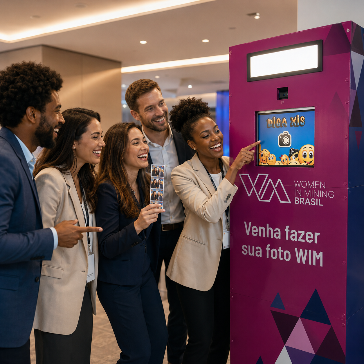 Totem da BH Foto Cabine em ação em evento corporativo, convidados interagindo e tirando fotos